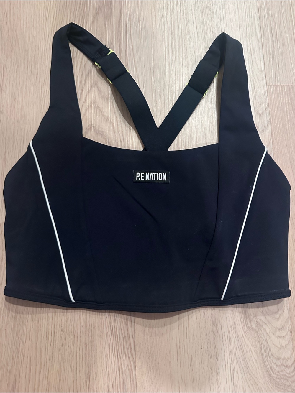 P.E Nation Sports Bra with White Piping and Bright Yellow Clasps